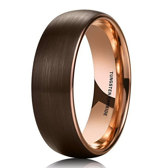 Wedding Rings Men & Women 8mm Domed Brown & Rose Gold Tungsten Wedding Band