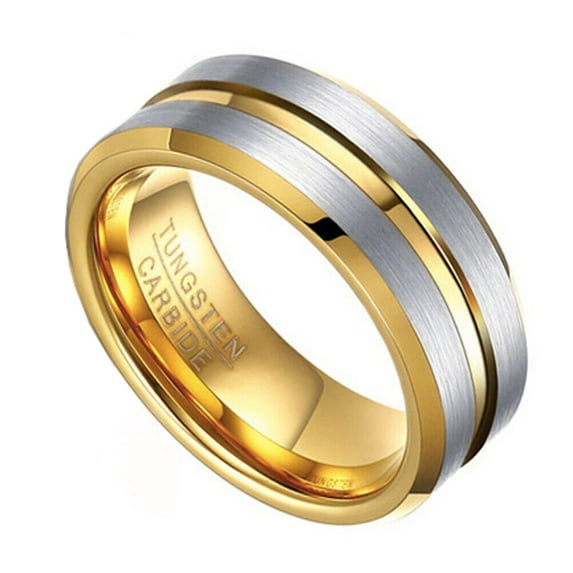 Wedding Rings Men & Women. 8mm Gray Tungsten Band w Yellow Gold Groove Line