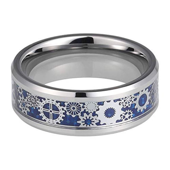 Wedding Rings Men & Women. 8mm Silver Dark Blue Tungsten Band Silver Gears
