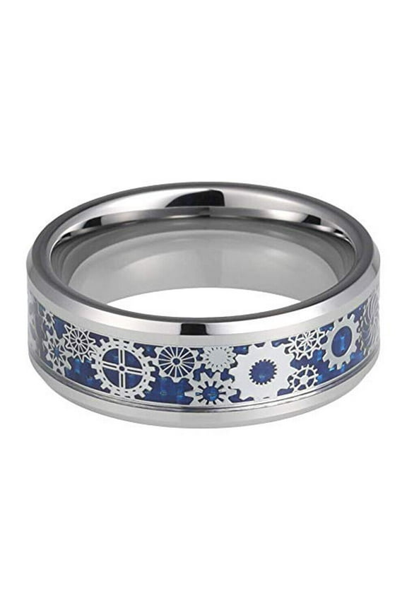 Wedding Rings Men & Women. 8mm Silver Dark Blue Tungsten Band Silver Gears