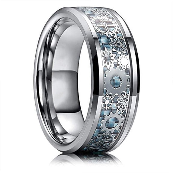 Wedding Rings Men & Women. 8mm Silver Light Blue Tungsten Band Silver Gears