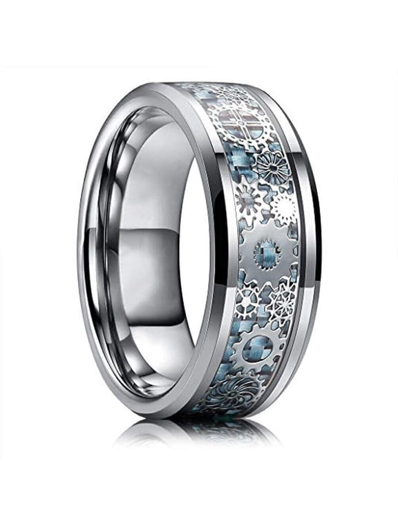 Wedding Rings Men & Women. 8mm Silver Light Blue Tungsten Band Silver Gears