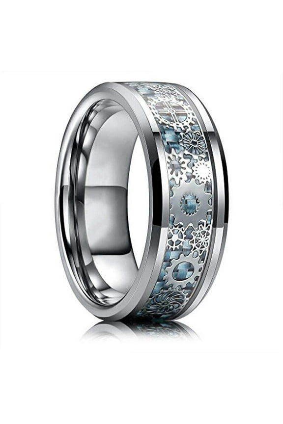 Wedding Rings Men & Women. 8mm Silver Light Blue Tungsten Band Silver Gears