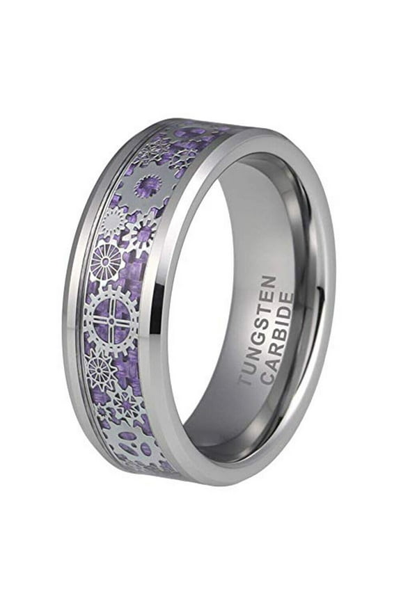 Wedding Rings Men & Women. 8mm Silver Purple Tungsten Band Silver Gears