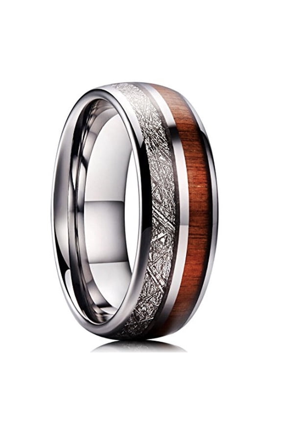 Wedding Rings Men Women. 8mm Silver Tungsten Wedding Band Wood & Meteorite