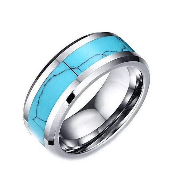 Wedding Rings Men & Women. 8mm Turquoise Inlay Silver Tungsten Wedding Band