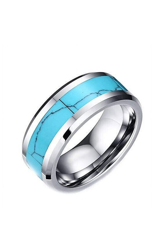Wedding Rings Men & Women. 8mm Turquoise Inlay Silver Tungsten Wedding Band