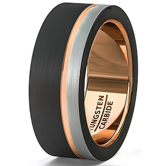 Wedding Rings Men or Women 8mm Black Gray & Rose Gold Tungsten Wedding Band