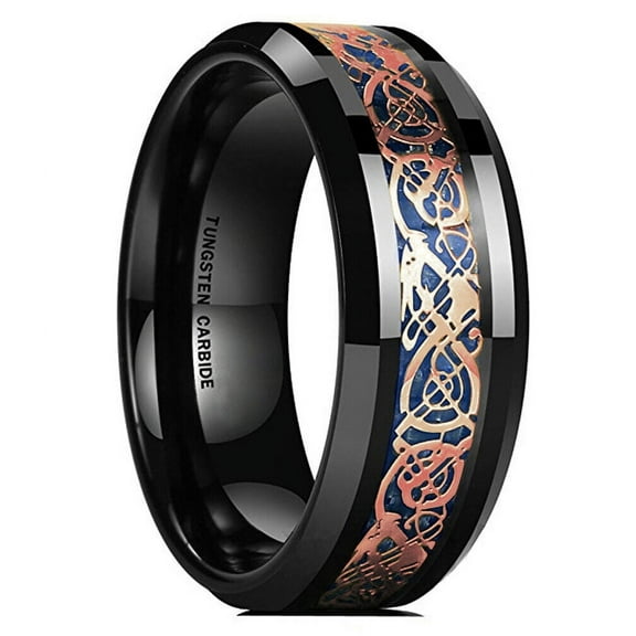 Wedding Rings Men or Women. 8mm Black Tungsten Band Rose Gold & Blue Celtic