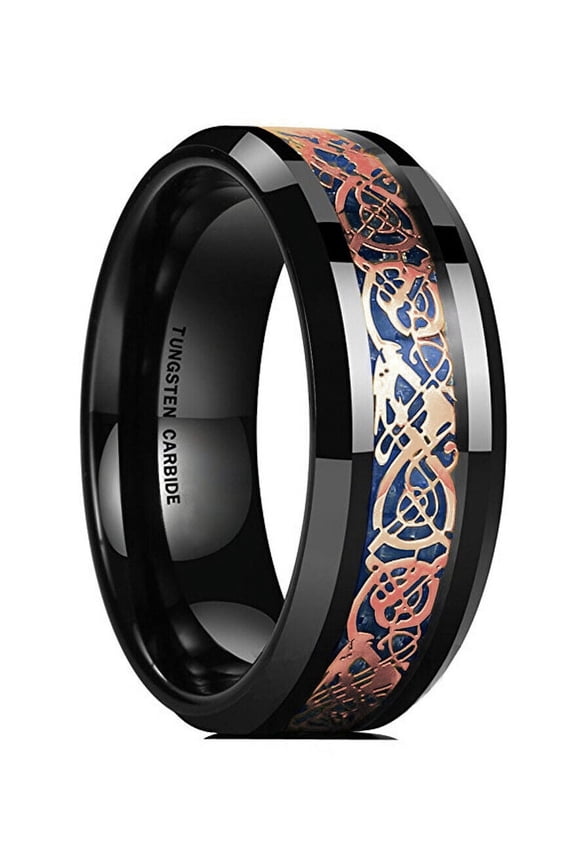 Wedding Rings Men or Women. 8mm Black Tungsten Band Rose Gold & Blue Celtic