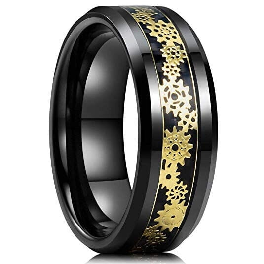 Wedding Rings Men or Women. 8mm Black Tungsten Band Yellow Gold Gears Inlay