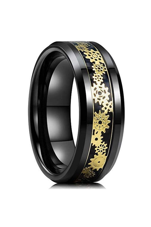 Wedding Rings Men or Women. 8mm Black Tungsten Band Yellow Gold Gears Inlay