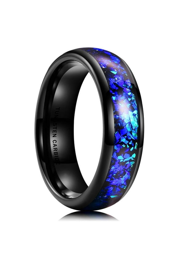 Wedding Rings Men or Women. 8mm Blue Fragments Black Tungsten Wedding Band