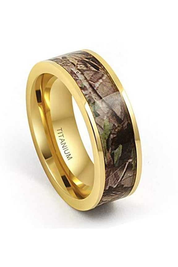 Wedding Rings Men or Women 8mm Gold Titanium Wedding Band Camouflage Design