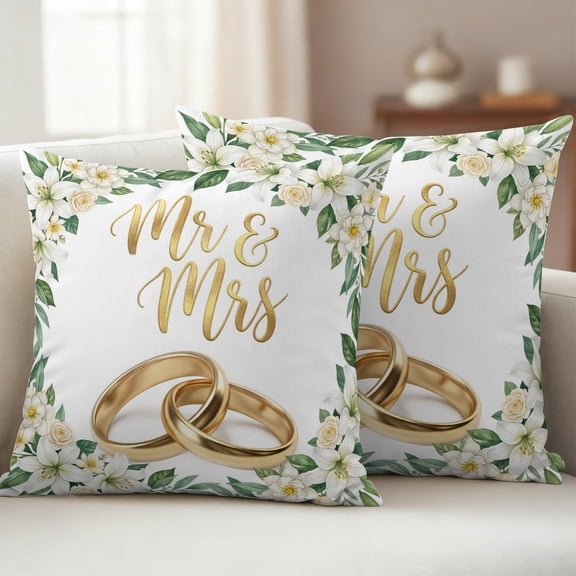 Wedding Rings Pillow Covers 2 Pack Luxury Wedding Mr Mrs White Flowers Pillowcase Waterproof Outdoor Throw Pillow Cover for Patio Garden Balcony Decorative Square Cushion 18"x18"