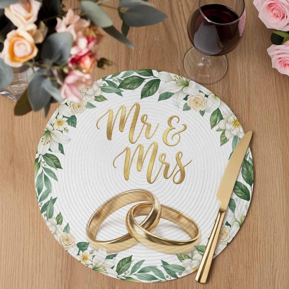 Wedding Rings Round Braided Placemats Set of 1, Luxury Wedding Mr Mrs White Flowers Heat Insulation Place Mats Washable Non-Slip Table Mats for Kitchen Dining Party, 13 Inches