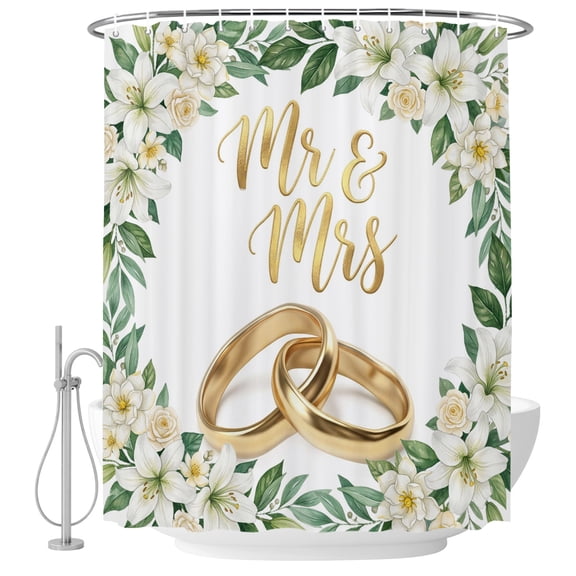Wedding Rings Shower Curtain for Bathroom, Luxury Wedding Mr Mrs White Flowers Waterproof Cloth Fabric Bathroom Accessories Set with 9 Rust Proof Plastic Hooks, 36"x72"