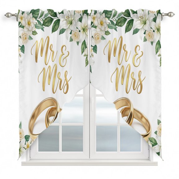 Wedding Rings Swag Valances for Windows 2 Pack Luxury Wedding Mr Mrs White Flowers Swag Kitchen Curtains 63 Inches Long Rod Pocket Short Window Treatment for Kitchen Bathroom 36"x63"