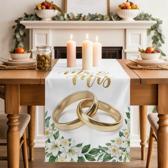 Wedding Rings Table Runner, Luxury Wedding Mr Mrs White Flowers Washable Cotton-linen Table Runners Dining Kitchen Decoration for Everyday Home Wedding Party Decor, 13 x 48 Inch