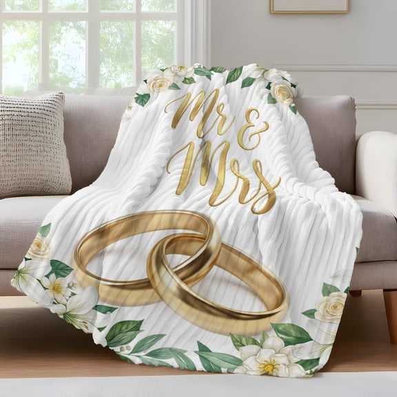 Wedding Rings Throw Blanket for Couch Luxury Wedding Mr Mrs White Flowers Soft and Warm Flannel 3D Striped Fluffy Fuzzy Fleece Blanket Lightweight Throw for Bed, Sofa 50 x 80 Inches