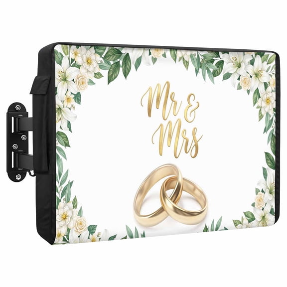Wedding Rings Waterproof Outdoor TV Cover, Luxury Wedding Mr Mrs White Flowers Outside Weatherproof TV Enclosures for 52 to 55 Inch LCD Television Shield Flat Screen Protectors