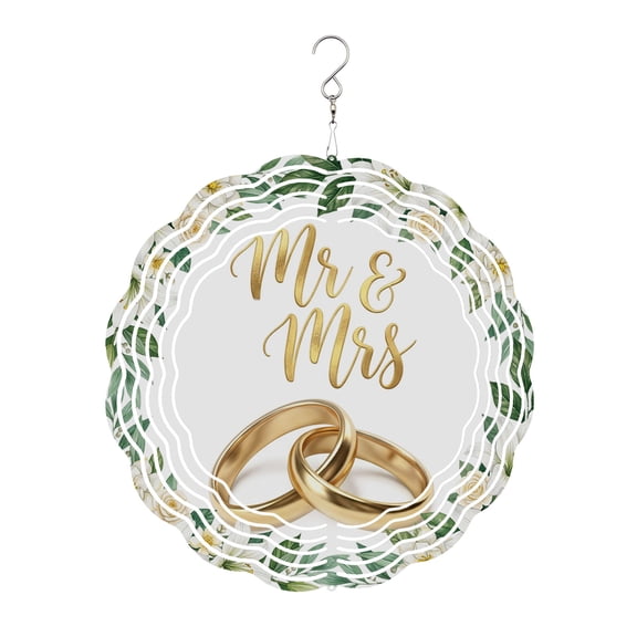 Wedding Rings Wind Spinner for Garden Yard 8In, Luxury Wedding Mr Mrs White Flowers 3D Stainless Steel Kinetic Hanging Wind Spinners Rustproof Outdoor Decor for Lawn Patio Home