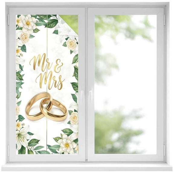 Wedding Rings Window Privacy Film Luxury Wedding Mr Mrs White Flowers Decorative Glass Window Film UV Blocking Static Cling Non-Adhesive Sticker Covering for Home Door 17.7 x 39.3 inches