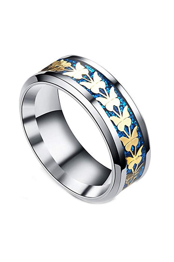 Wedding Rings Women 6mm Steel Silver & Blue Ring Gold Butterfly Butterflies