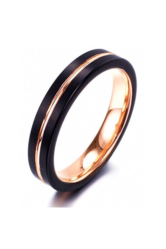 Wedding Rings Women's 4mm Black & Rose Gold Groove Line Tungsten Band.