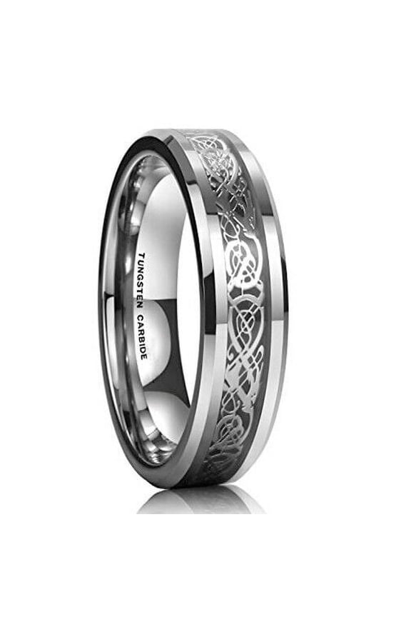 Wedding Rings Womens 6mm Silver Celtic Tungsten Band w/ Silver Black Carbon