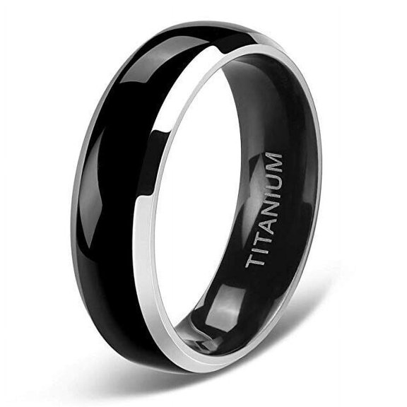 Wedding Rings Womens / Unisex 6mm Black Domed Titanium Band w/ Silver Edges