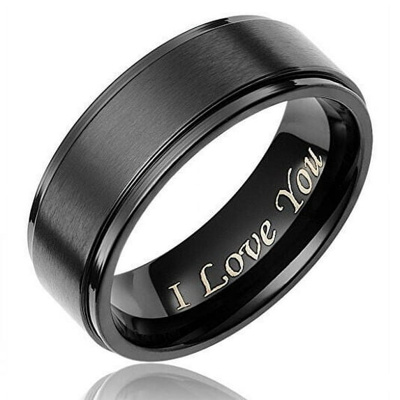 Wedding Rings for Men 8mm Black Titanium Band w/ I Love You Text