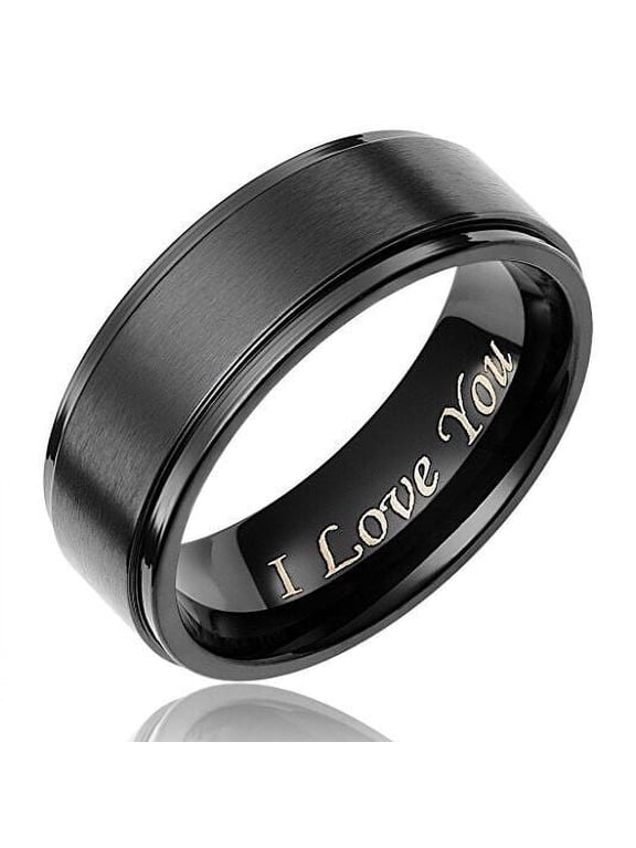 Wedding Rings for Men 8mm Black Titanium Band w/ I Love You Text
