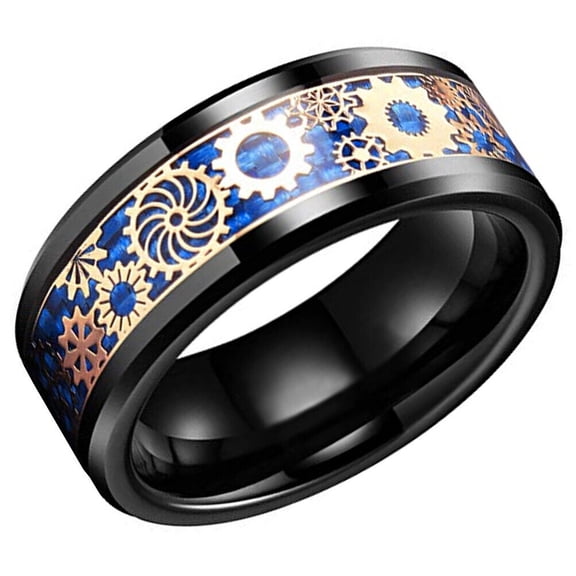 Wedding Rings for Men 8mm Black Tungsten Band w Blue Inlay Rose Gold Gears