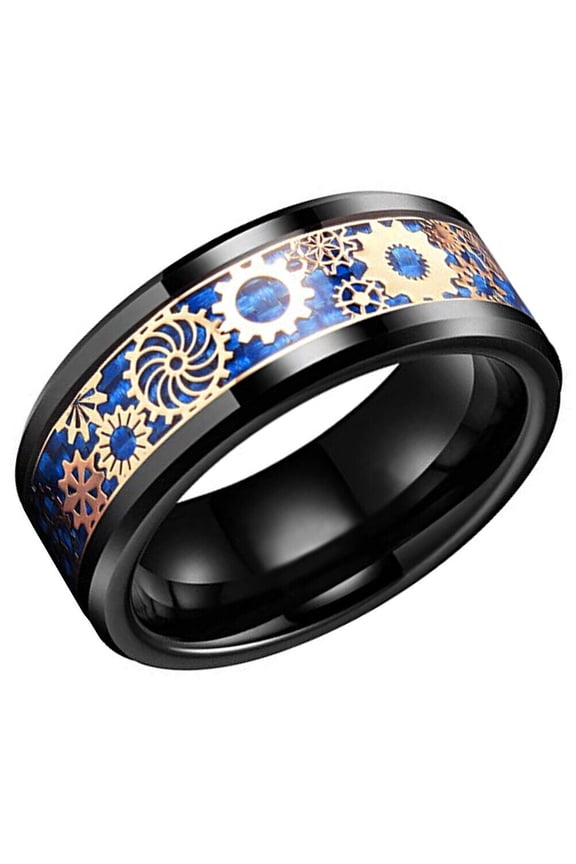 Wedding Rings for Men 8mm Black Tungsten Band w Blue Inlay Rose Gold Gears