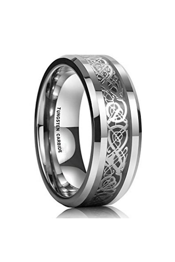 Wedding Rings for Men 8mm Silver Celtic Tungsten Band w Silver Black Carbon