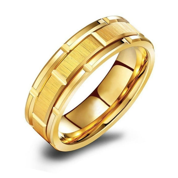 Wedding Rings for Men. 8mm Yellow Gold Brick Pattern Tungsten Wedding Band