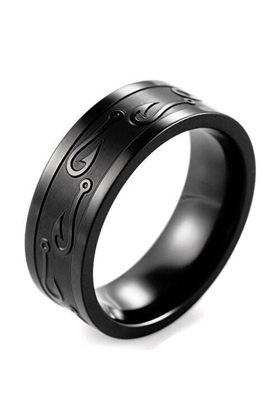 Wedding Rings for Men. Fishermen's 8mm Black Titanium Band w/ Fish Hooks