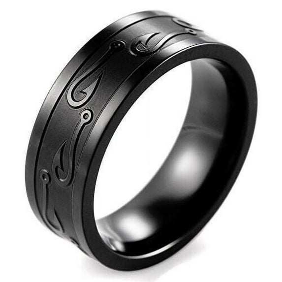 Wedding Rings for Men. Fishermen's 8mm Black Titanium Band w/ Fish Hooks