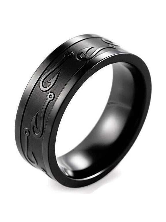 Wedding Rings for Men. Fishermen's 8mm Black Titanium Band w/ Fish Hooks