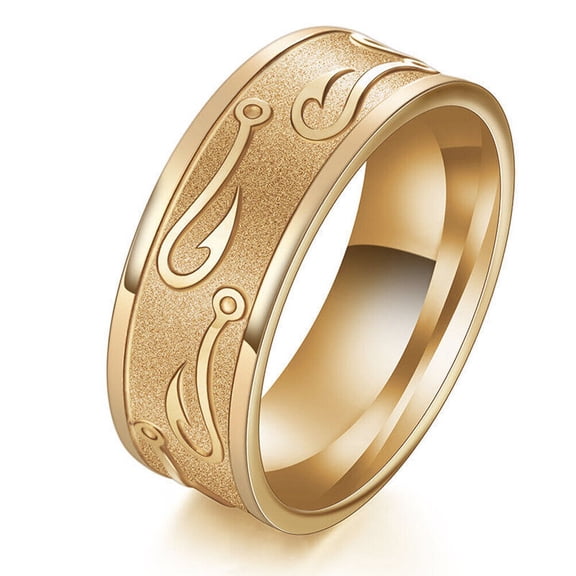 Wedding Rings for Men. Fishermen's 8mm Gold Titanium Band w/ Fish Hooks