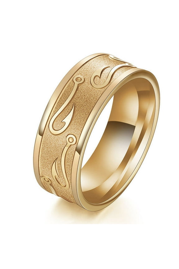 Wedding Rings for Men. Fishermen's 8mm Gold Titanium Band w/ Fish Hooks