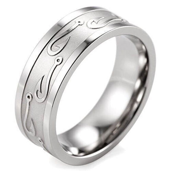 Wedding Rings for Men. Fishermen's 8mm Silver Titanium Band w/ Fish Hooks