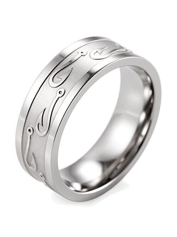 Wedding Rings for Men. Fishermen's 8mm Silver Titanium Band w/ Fish Hooks