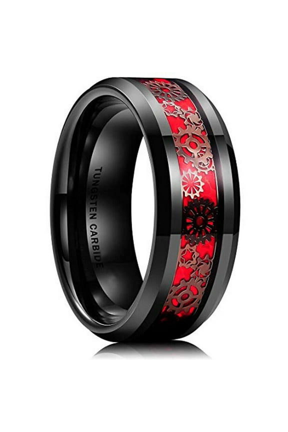 Wedding Rings for Men Women 8mm Black Tungsten Band Red Inlay & Dark Gears