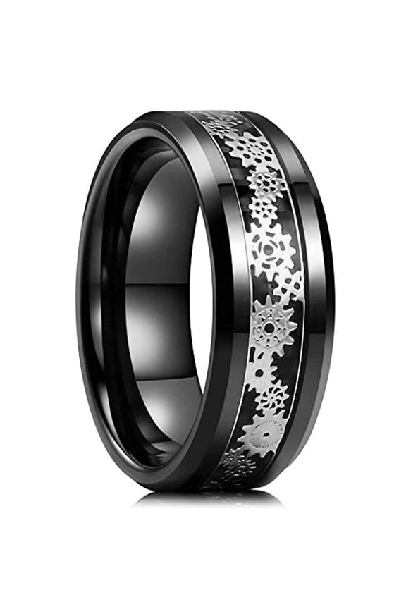 Wedding Rings for Men or Women. 8mm Black Tungsten Band Silver Gears Inlay