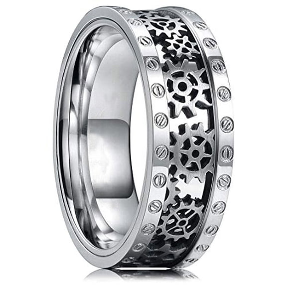 Wedding Rings for Men or Women. 8mm Silver Titanium Band Silver Gears Inlay