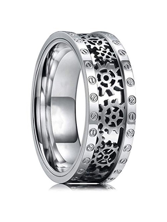 Wedding Rings for Men or Women. 8mm Silver Titanium Band Silver Gears Inlay