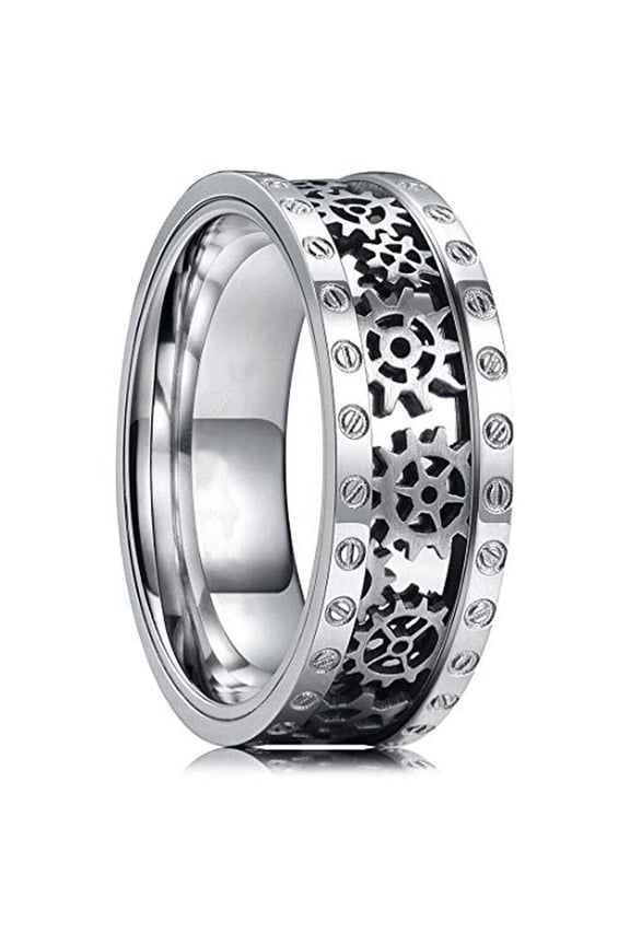 Wedding Rings for Men or Women. 8mm Silver Titanium Band Silver Gears Inlay