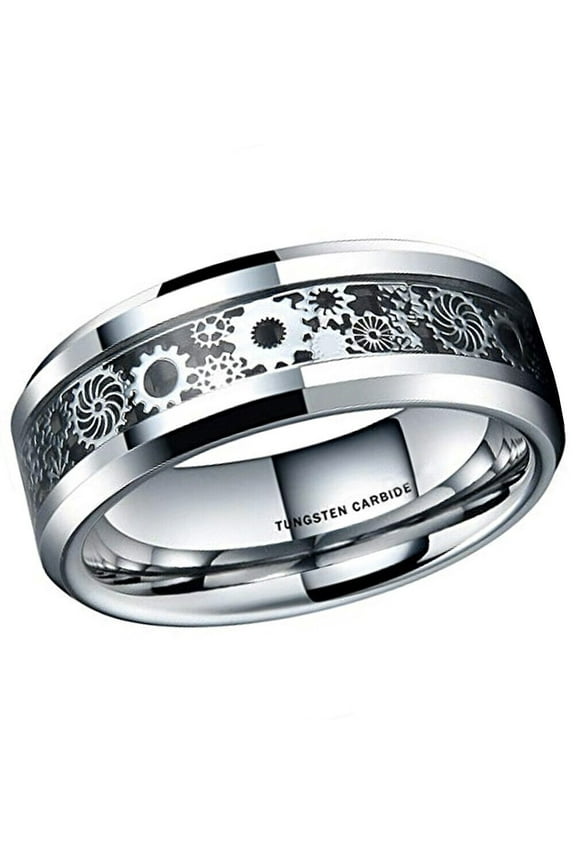Wedding Rings for Men or Women. 8mm Silver Tungsten Band Silver Gears Inlay